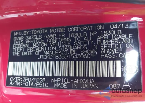 2013 Toyota Prius C One from USA, damaged, VIN JTDKDTB35D1543060